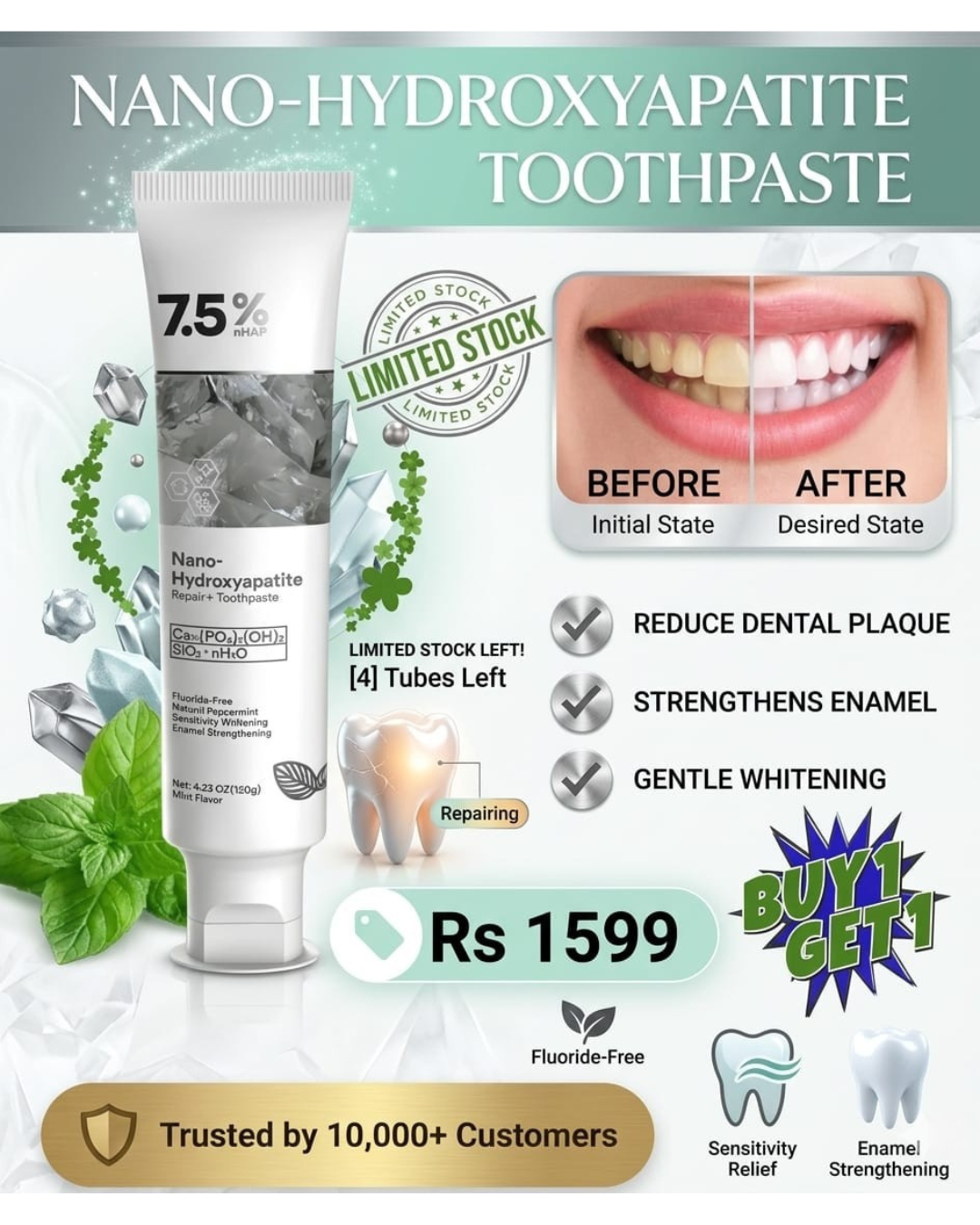 🦷 Nano Hydroxyapatite Toothpaste EID OFFER Sale price Rs.1,599.00 Regular price Rs.3,000.00 ⭐⭐⭐⭐⭐ 1000+ Verified Reviews
